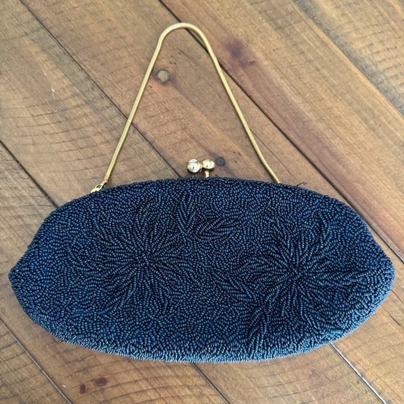 Unique Vintage Handbags - Vintage Blue beaded Floral design Gold chain Clutch Purse